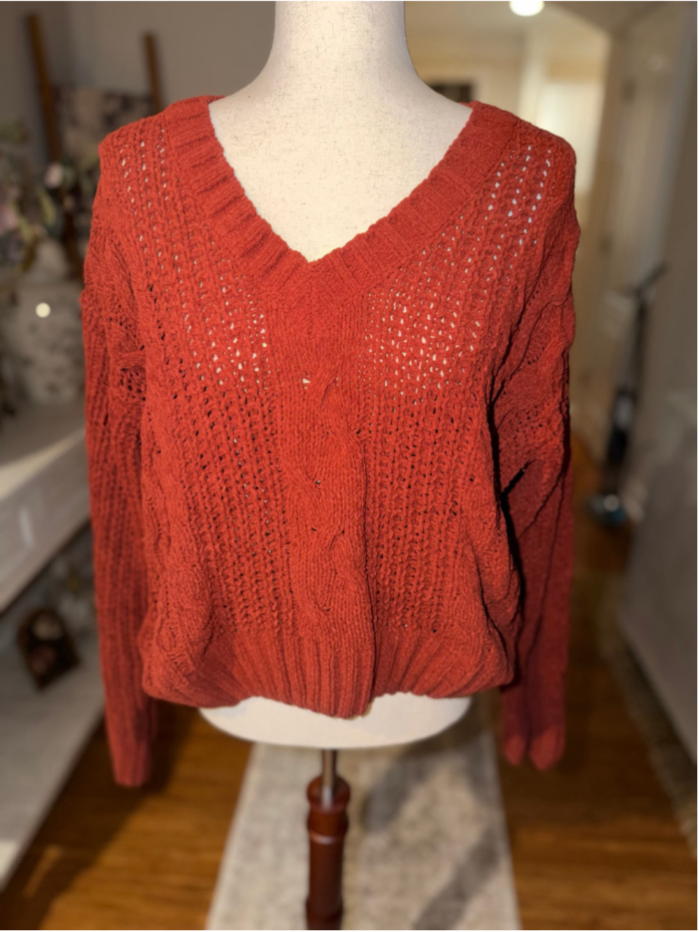 Women's Poof Apparel Rust Cable Knit V-Neck Sweater Size L